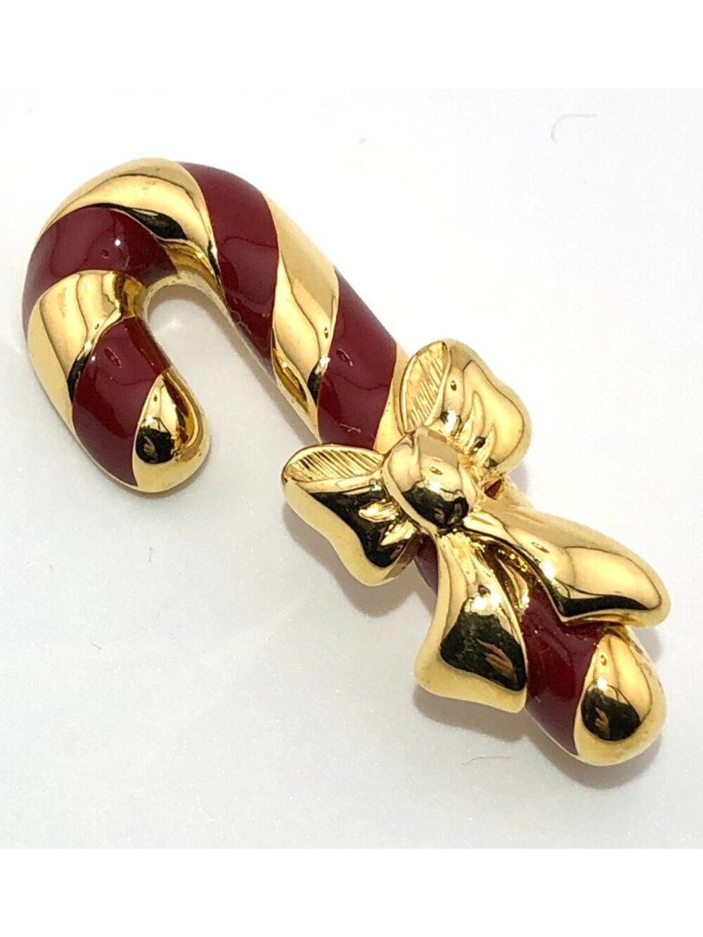 Napier Candy Cane Christmas Pin Brooch Gold Tone Red Enamel Bow Signed Vintage